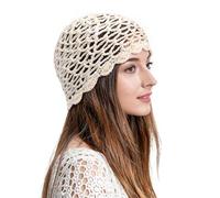 ZLYC Women Crochet Beanie Handmade Knit Flower Shiny Summer Vintage Skull Hat(Solid Cream White),One Size