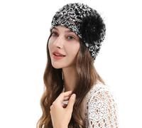 ZLYC Women Crochet Beanie Hat Summer Handmade Knit Decorated Lightweight Skull Cap(Feather Black Mixed White Black),One Size