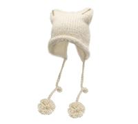 ZLYC Women Crochet Hat Knit Cat Ear Slouchy Beanie Cute Vintage Grunge Fuzzy Hat(Pom Pom Beige),One Size