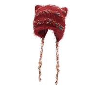 ZLYC Women Crochet Hat Knit Cat Ear Slouchy Beanie Cute Vintage Grunge Fuzzy Hat(Pom Pom Striped Red),One Size