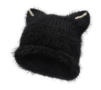 ZLYC Women Crochet Hat Knit Cat Ear Slouchy Beanie Cute Vintage Grunge Fuzzy Hat(Solid Blac),One Size