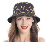 ZLYC Women Men Summer Bucket Hat Sun Hat Fruit Print Reversible Fisherman Hat(Banana,Navy),One Size