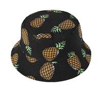 ZLYC Women Men Summer Bucket Hat Sun Hat Fruit Print Reversible Fisherman Hat(Pineapple Black),One Size