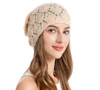 ZLYC Women Summer Crochet Slouchy Beanie Soft Lightweight Skull Cap Cutout Stretch Knit Hat(Solid Beige)