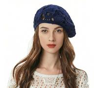 ZLYC Women Summer Knit Beret Handmade Crochet Cutout Lightweight Slouchy Hat(Floral Blue)