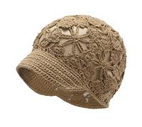 ZLYC Women Summer Slouchy Crochet Hat Handmade Cutout Knit Skull Cap with Visor(Plain Khaki)