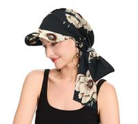 ZLYC Women's Chemo Headwear Brim Visor Hat Beanie Hat, Bound Beige Flowers Black, One Size