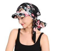 ZLYC Women's Chemo Headwear Brim Visor Hat Beanie Hat, Bound Red Flowers Black, One Size