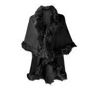 ZLYC Women's Fine Knit Cape Cardigan with Faux Fur Trim Layers Poncho (Black),One Size