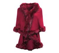 ZLYC Women's Fine Knit Cape Cardigan with Faux Fur Trim Layers Poncho (Red),One Size