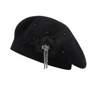 ZLYC Womens French Beret Hat Reversible Solid Color Cashmere Mosaic Warm Beret Cap(Flower Pendant Black),One Size