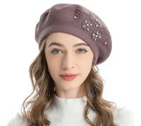 ZLYC Womens French Beret hat, Reversible Solid Color Cashmere Mosaic Warm Beret Cap for Girls(Embroidered Flower Vine Purple)