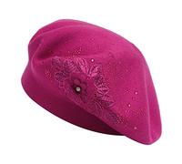 ZLYC Womens French Beret hat, Reversible Solid Color Cashmere Mosaic Warm Beret Cap for Girls(Flower Medium Violet Red)
