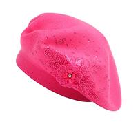 ZLYC Womens French Beret hat, Reversible Solid Color Cashmere Mosaic Warm Beret Cap for Girls(Flower Hot Pink)