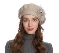 ZLYC Womens French Beret Hat Reversible Solid Color Cashmere Mosaic Warm Beret Cap(Lace Flower Beige),One Size