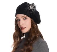 ZLYC Womens French Beret Hat Reversible Solid Color Cashmere Mosaic Warm Beret Cap(Lace Flower Black),One Size