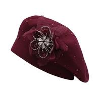 ZLYC Womens French Beret Hat Reversible Solid Color Cashmere Mosaic Warm Beret Cap(Lace Flower Burgundy),One Size