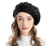 ZLYC Womens French Beret Hat Solid Color Cashmere Mosaic Warm Beret Cap for Girls(Flower Black),One Size