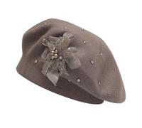 ZLYC Womens French Beret Hat Solid Color Cashmere Warm Berets Cap for Girls(Bead Flower Brownish),One Size