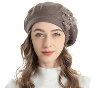 ZLYC Womens French Beret Hat Solid Color Cashmere Warm Berets Cap for Girls(Bead Flower Brownish),One Size