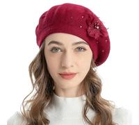 ZLYC Womens French Beret Hat Solid Color Cashmere Warm Berets Cap for Girls(Bead Flower Burgundy),One Size