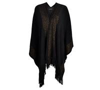 ZLYC Women's Lightweight Shawl Golden Trim Textured Knit Blanket Wrap Fringe Poncho with Contrast Trims (Black),One Size