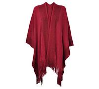 ZLYC Women's Lightweight Shawl Golden Trim Textured Knit Blanket Wrap Fringe Poncho with Contrast Trims (Dark Red),One Size