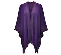 ZLYC Women's Lightweight Shawl Golden Trim Textured Knit Blanket Wrap Fringe Poncho with Contrast Trims (Purple),One Size