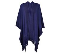 ZLYC Women's Lightweight Shawl Golden Trim Textured Knit Blanket Wrap Fringe Poncho with Contrast Trims (Navy),One Size