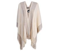 ZLYC Women's Lightweight Shawl Golden Trim Textured Knit Blanket Wrap Fringe Poncho with Contrast Trims (Khaki),One Size