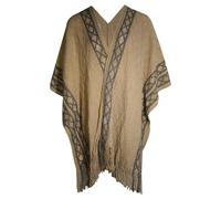 ZLYC Women's Lightweight Shawl Golden Trim Textured Knit Blanket Wrap Fringe Poncho with Contrast Trims(Plain Khaki)
