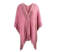 ZLYC Women's Lightweight Shawl Golden Trim Textured Knit Blanket Wrap Fringe Poncho with Contrast Trims (Dark Pink),One Size