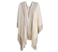 ZLYC Women's Lightweight Shawl Golden Trim Textured Knit Blanket Wrap Fringe Poncho with Contrast Trims (White),One Size