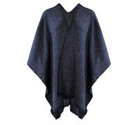 ZLYC Women's Lightweight Shawl Golden Trim Textured Knit Blanket Wrap Fringe Poncho with Contrast Trims(Solid Navy),One Size