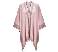 ZLYC Women's Lightweight Shawl Golden Trim Textured Knit Blanket Wrap Fringe Poncho with Contrast Trims (Pink),One Size