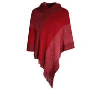 ZLYC Women's Pullover Shawl Golden Trim Knit Wrap Fringe Hooded Cardigan Poncho Cape(Solid Burgundy)