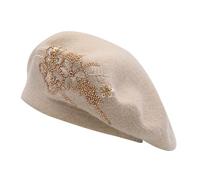 ZLYC Womens Reversible Cashmere Beret Hat Double Layers French Beret(Embroidered Flower Beige),One Size