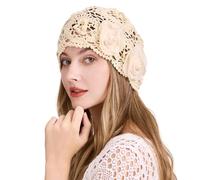 ZLYC Women's Summer Knitted Hats Handmade Crochet Slouch Beanie Hat, Decorative Flowers Beige, One Size