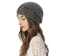 ZLYC Women's Summer Knitted Hats Handmade Crochet Slouch Beanie Hat, Flowers Grey, One Size Fits All
