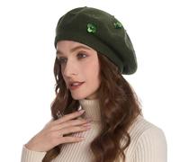 ZLYC Women's Winter Beret Double Layer French Beret, Sequins Army Green, One Size
