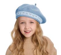 ZLYC Wool Kids Beret Hat Girls Solid Color Artist French Beret Cap(Lace Sky Blue),One Size