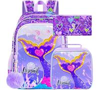 ZLYERT 16" Mermaid Backpack for Girls, 3Pcs Kids Fish Tail Backpacks with Lunch Box, School Bookbag for Elementary Preschool Kindergarten(Purple)