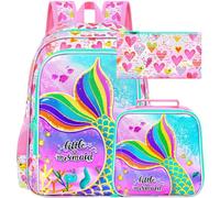 ZLYERT 16" Mermaid Backpack for Girls, 3Pcs Kids Fish Tail Backpacks with Lunch Box, School Bookbag for Elementary Preschool Kindergarten(Pink)