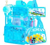 ZLYERT 17" Clear Backpack 3Pcs for Girls - Floral/Sequin Stadium-Ready Flip PVC Set, Heavy Duty School/Gym/Concert Approved, Flower Blue, One Size, Daypack Backpacks