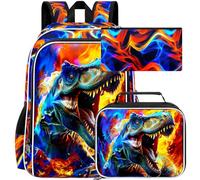 ZLYERT 3Pcs Boy Backpack,17" Dinosaur Gamer Car Bookbag for Elementary Preschool Toddler, Kids Backpacks with Lunch Box, Dinosaur Red, One Size, Daypack Backpacks