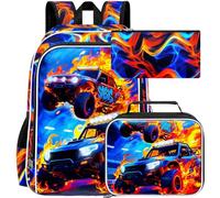 ZLYERT 3Pcs Boy Backpack,17" Dinosaur Gamer Car Bookbag for Elementary Preschool Toddler, Kids Backpacks with Lunch Box, Truck Red, One Size, Daypack Backpacks