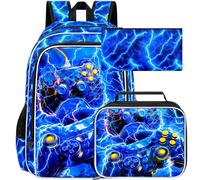 ZLYERT 3Pcs Gamer Backpack for Boy, 17" Lightning School Bookbag for Elementary Preschool Kindergarten, Kids School Thunder Backpacks with Lunch Box (Blue)