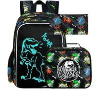 ZLYERT 3Pcs Glow in The Dark Backpack, 17 Inch Bookbag for Boys With Lunch Box, School Laptop Backpacks Set For Teens, Dinosaur Black, One Size, Daypack Backpacks