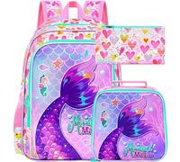 ZLYERT 3Pcs Mermaid Backpack for Girls, 16" Kids Fish Tail Backpacks with Lunch Box, School Bookbag for Elementary Preschool Kindergarten(Pink)