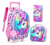 ZLYERT 3Pcs Rolling Backpack for Girls, Kids Roller Backpacks with Wheels, Wheeled Bookbag with Lunch Box for School, Unicorn-piink, One Size, G109